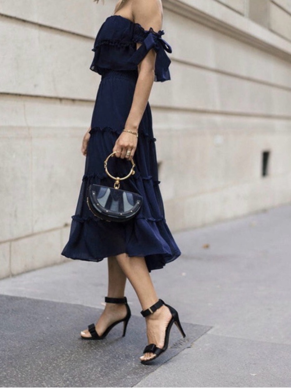 Misa Los Angeles Micaela Off-Shoulder Navy Tiered Ruffle Midi Dress 💙 - Picture 2 of 6